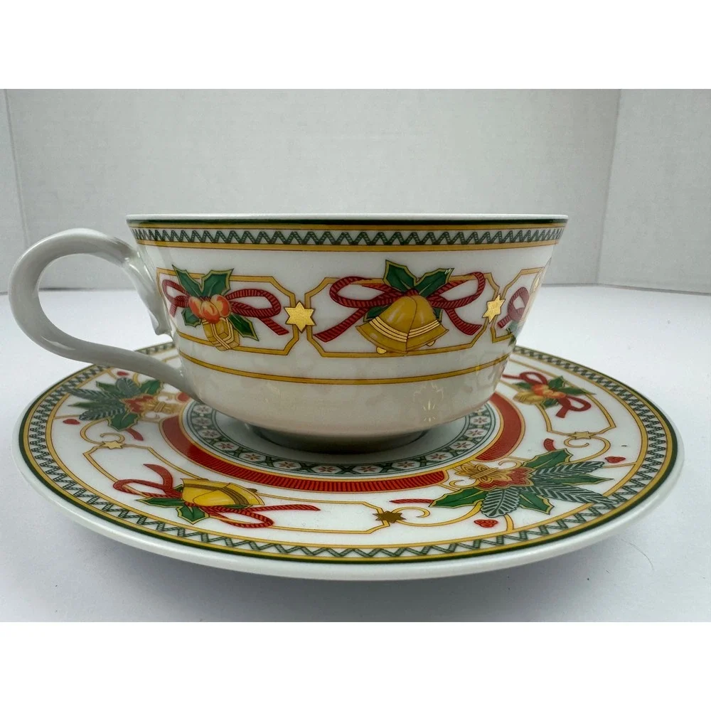 Hutschenreuther Germany Christmas Joy Teacup and Saucer Set Holiday Porcelain